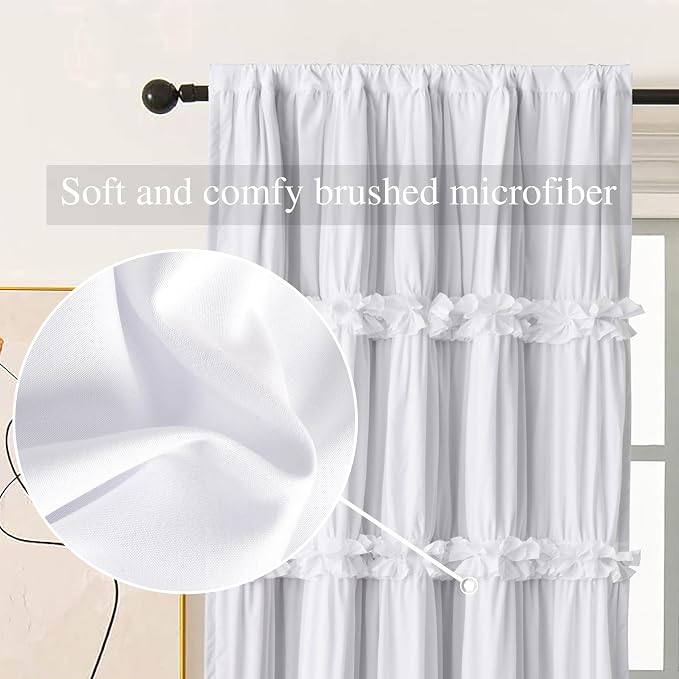 Homechoice Decor Thermal Insulated Window Curtains 42" W x 63" L (Pair) | White Boho Ruched Blackout Window Treatments with 3 Rows of Butterfly Flowers, Rustic Rod Pocket Drapes for Room (LQ-30)