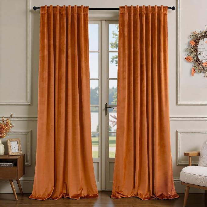 Burnt Orange Velvet Curtains 108 Inches Long 2 Panels for Patio Sliding Door Thick Privacy Thermal Noise Reduction Drape Rust Terracotta Colored Curtain for Bedroom Living Room Victorian Vintage Decor