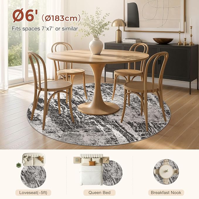 DMOYEST 6ft Round Washable Area Rug for Living Room: Modern Abstract Neutral Circle Carpet, 6x6 Soft Low Pile Non-Slip Floor Mat for Bedroom Under Dining Table, Kids & Pet - Black