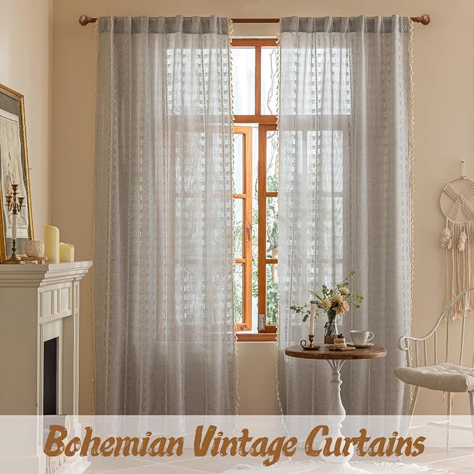Light Gray Boho Semi Sheer Curtains 63 inch Length 2 Panel Set for Bedroom & Farmhouse, Bohemian Light Filtering Privacy Drapes Tassels Shabby Chic Embroidery Window Curtains Back Tab & Rod pocket