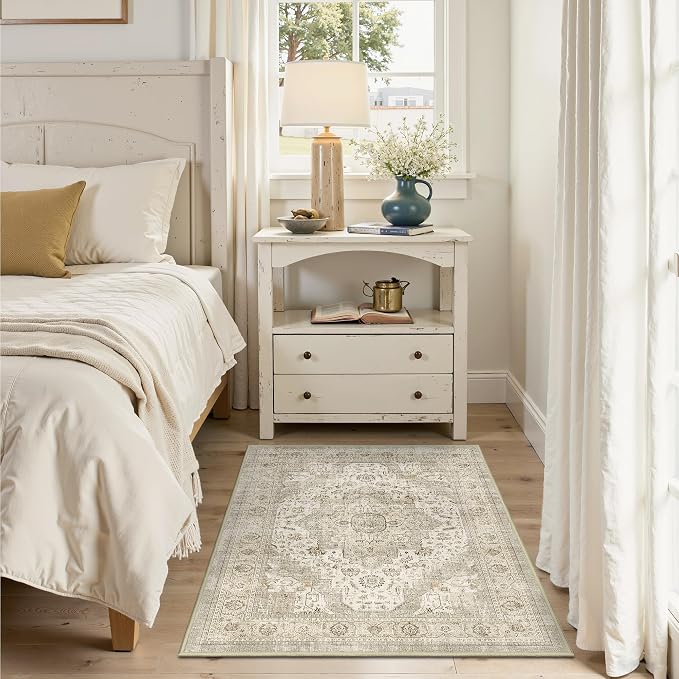 Roxstand 2x3 Washable Entryway Area Rug, Ivory/Beige | Low-Pile Carpet, Non-slip Backing, Stain Resistant, Rug for Kitchen, Laundry Room, Entryway, Vintage Design