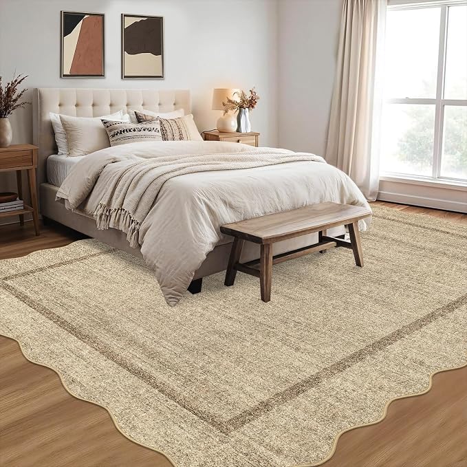 GarveeHome Scalloped Washable Rugs 8x10 Area Rugs for Living Room Modern Non Slip Throw Rugs Large Rug for Bedroom Low Pile Non Shedding Stain Resistant Carpet for Dining Room 8 ft x10 ft Jute