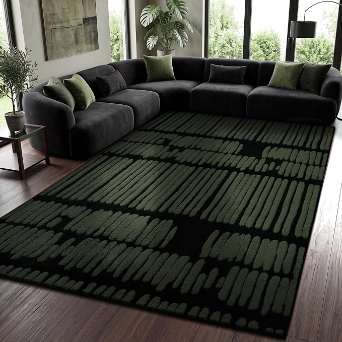 YIHOUSE Abstract 5x7 Area Rug Olive Green: Washable Geometric Rug | Modern, Textured High Low Pile, Fluffy Soft, Striped Carpet for Living Room, Bedroom, Dining Room, Home Office Decor