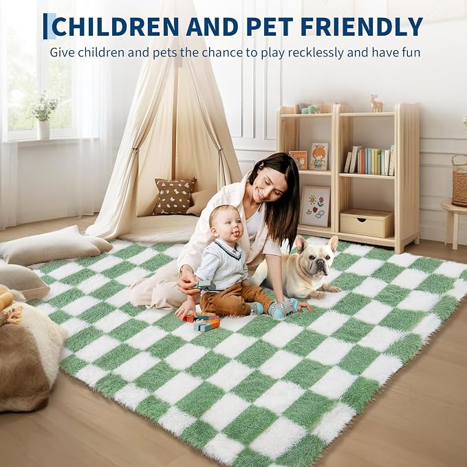 Garvee Checkered Rug 8x10 for Living Room, Modern Plush Shag Rug Washable Non-Slip Large Area Rug Super Soft Indoor Fuzzy Carpet Fluffy Rugs for Bedroom Home Aesthetic Decor,Green-White