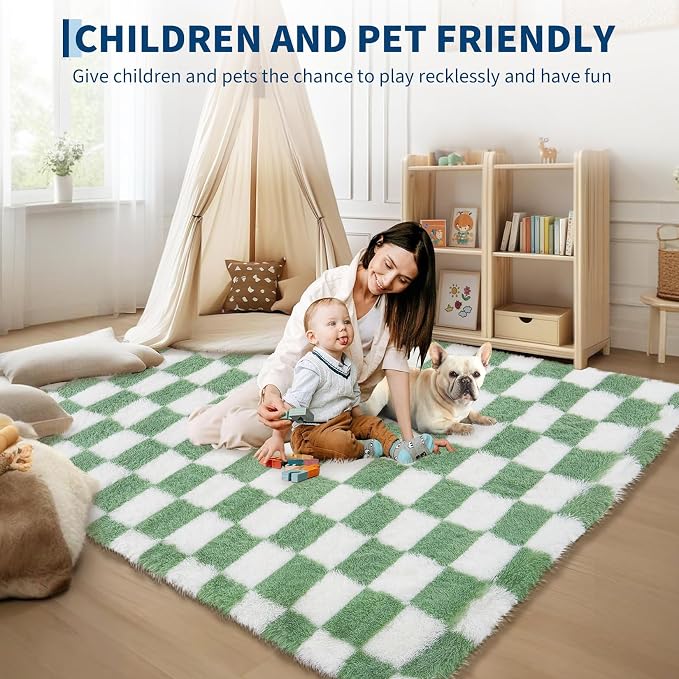 Garvee Checkered Area Rug 9x12 Large Rug Thick Super Soft Shaggy Rugs Fluffy Carpet Fluffy Fuzzy Shag Washable Rugs for Living Room Nursery Bedroom Luxury Playroom Teen Plush Carpets,Green White