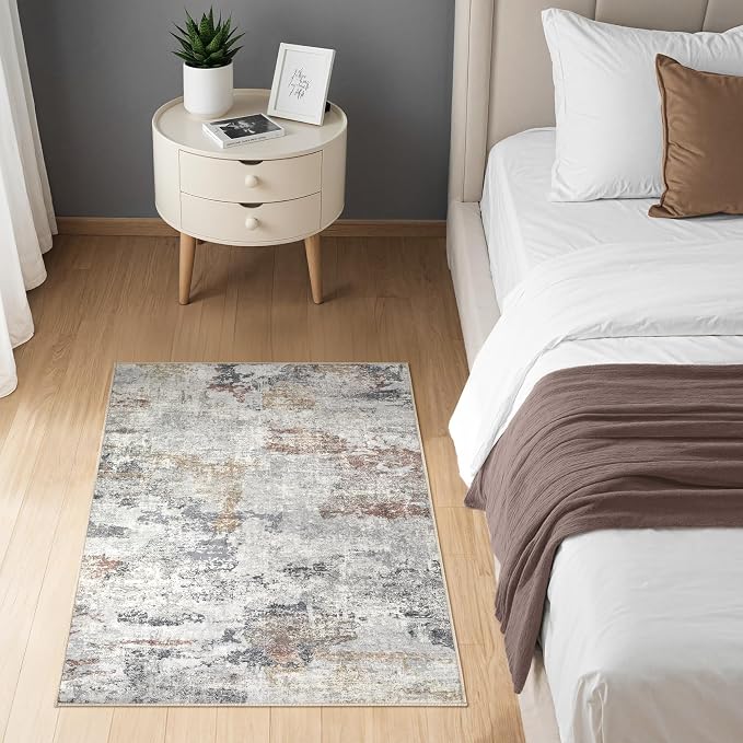 DMOYEST 2x3 Small Area Rug - Washable & Non Slip Indoor Entryway Rug, Low Pile Front Door Mat, Kid & Pet Friendly Carpet for Living Room, Kitchen and Bathroom - Grey/Orange/Yellow