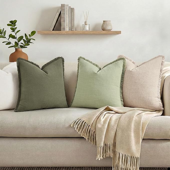 decorUhome Linen Fringe Olive Green Throw Pillow Covers 12x20 Set of 2 | Decorative Soft Accent Modern Boho Farmhouse Lumbar Cushion Covers with Tassels Cotton Pillow Covers for Couch Bed Sofa