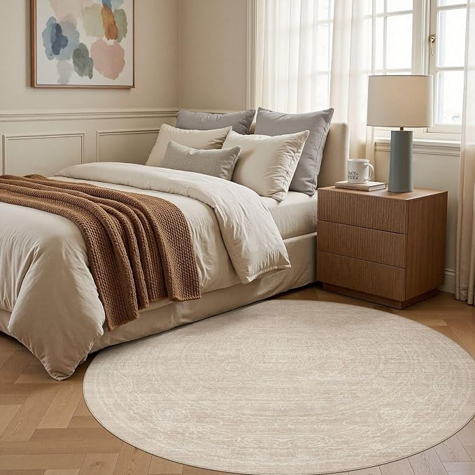 6ft Round Rug Living Room: Washable Large Vintage Neutral Area Rug Non-Slip Soft Stain Resistant Indoor Carpet for Bedroom Nursery Dining Room Under Table Bed Home House Office Playroom - Beige