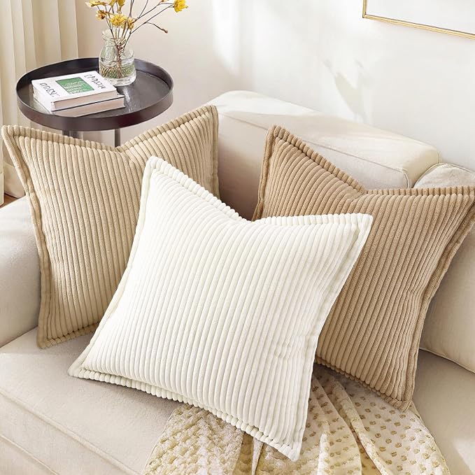 decorUhome Fall Corduroy Pure White Throw Pillow Covers 12x20 Set of 2 | Lumbar Couch Decorative Soft Modern Boho Farmhouse Pillow Covers Broadside Striped Pillow Cases for Living Room Bed Sofa