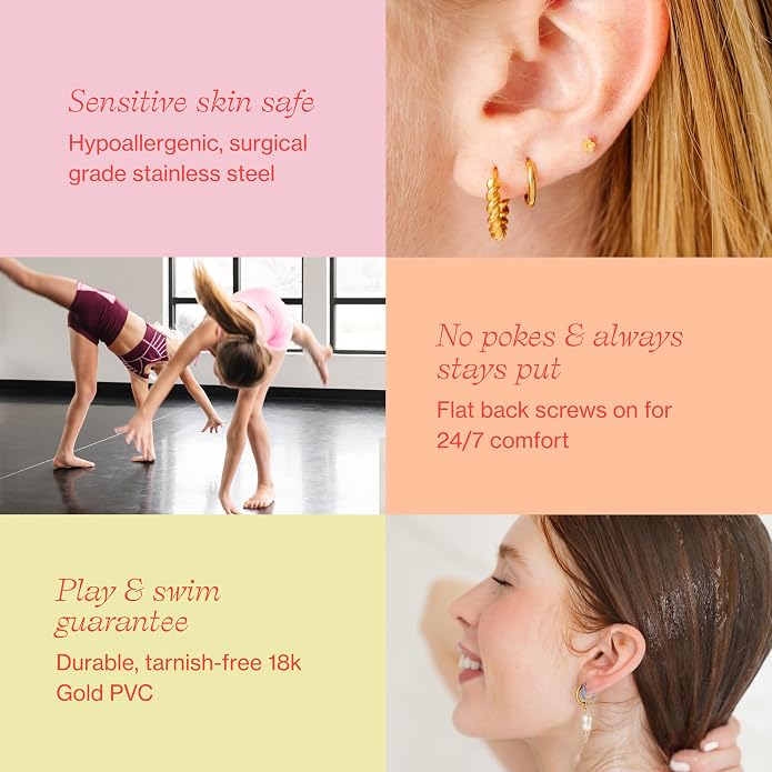 Colorful Stud Earrings - Gold, hypoallergenic, flat back earrings, all-day comfort for sensitive ears