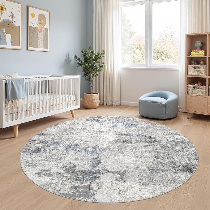 DMOYEST 6ft Round Area Rug for Living Room - 6x6 Washable & Non Slip Circle Rug, Kid & Pet Friendly Soft Low Pile Abstract Carpet for Bedroom and Dining Room - Grey Blue