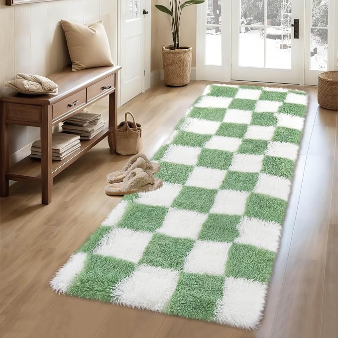 Garvee Checkered Fluffy Runner Rugs 2x6 Fluffy Fuzzy Shag 2x6 Runner Rug for Hallyway Non-Slip Ultra Soft Checkered Fluffy Rugs for Girls Kids Room Shag Plush Rug for Teen Room Decor Bedroom,Green