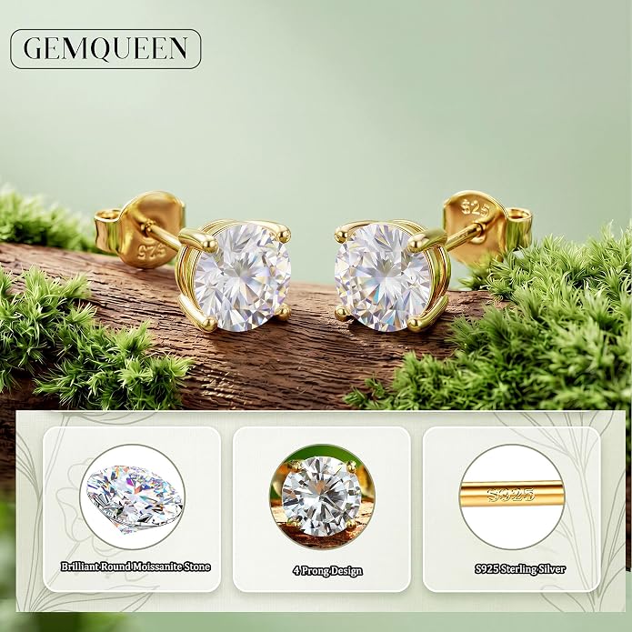 Moissanite Stud Earrings : 18K White Gold Plated Solid 925 Sterling Silver Earring Hypoallergenic Dainty Flat Back Stud Earrings Jewelry for Women Men D Color VVS1 Clarity