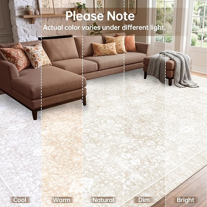 Sasttie Round Rugs 8ft, Ultra-Soft Washable Circle Rug, Low Pile Foldable Thin Carpets with Non-Slip Backing, Skin-Friendly Stain Resistant Carpet for Living Room, Bedroom, Kitchen, Dorm, 8ft, Cream