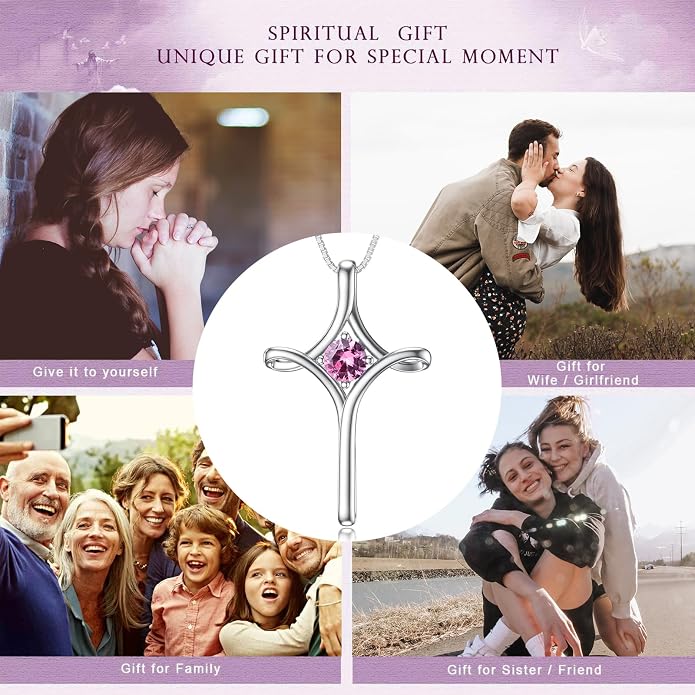 TOUPOP Cross Necklace for Women 925 Sterling Silver Birthstone Cross Pendant Fine Jewelry Anniversary Birthday Mothers Day Gifts for Mom Wife Her