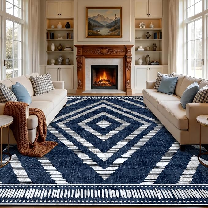 8x10Ft Boho Washable Area Rugs for Living Room, Navy Blue Thin Kids Nursery Bedroom Rugs Non Slip, Moroccan Soft Dining Room Area Floor Carpets for Playroom Kitchen Home Office Decor