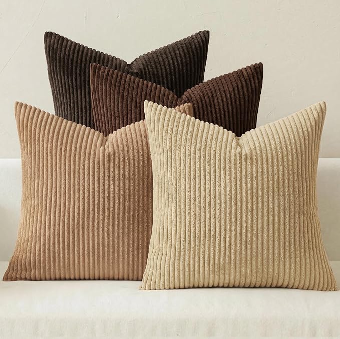 MIULEE Boho Farmhouse Throw Pillow Covers 18x18 Inch Set of 4 Rustic Mordern Neutral Cushion Covers Soft Corduroy Nordic Fall Home Decor for Couch Bed Sofa Living Room Dark Brown