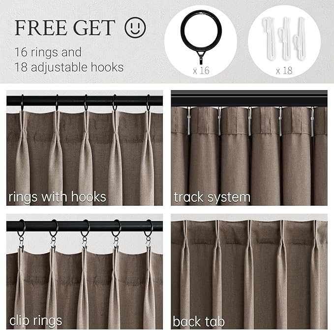 Topfinel Dark Flax Pinch Pleated Linen Curtains 120 Inch Length 2 Panels for Living Room Bedroom Semi Sheer Window Curtain Boho Neutral Back Tab Pinch Pleat Drape with Hooks 120 Inches Long