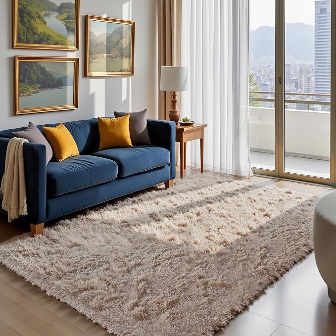 Fluffy Rug Shag Area Rug, Beige 4x6 Area Rugs for Bedroom, Small Bedside Rug, Soft Fluffy Shag Entryway Throw Rugs for Living Room Bedroom Room Home Decor