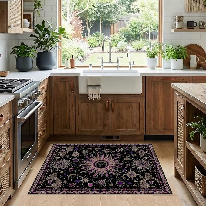 Vacuum-Friendly, 2x3 Washable Area Rug, Black Purple Beige | Sun and Moon Boho Gothic Non-Slip Low Pile Living Roon Bedroom Dining Room Kitchen Entry Entryway Entrance Hallway Doormat
