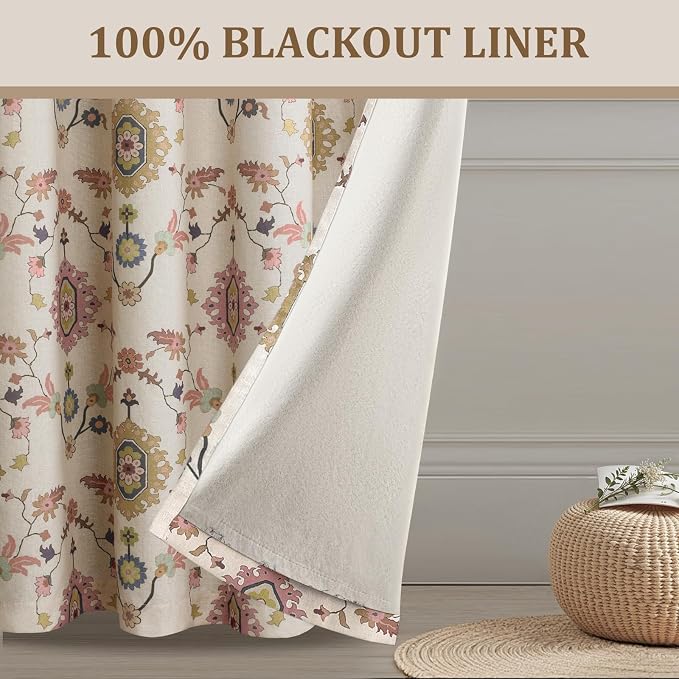 Boho Floral Blackout Curtains for Living Room, Beige Linen Textured Drapes with Colorful Bohemian Print 96 Inches Long 2 Panels Set Vintage Farmhouse Rustic Window Curtains Grommet Top