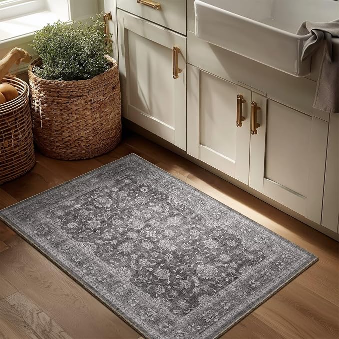 Washable 2x3 Entryway Rug, Boho Vintage Non-Slip Door Mat, Dark Grey | 0.3" Neutral Throw Small Rugs for Bedroom Kitchen Nursery Entrance, Cushioned for High-traffic Area
