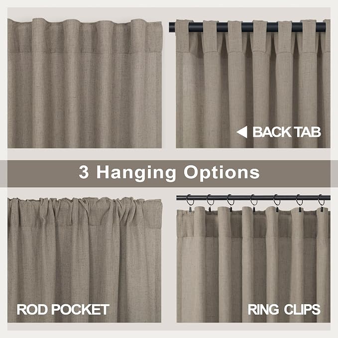 Extra Long Curtains 2 Panels Set Dark Taupe Linen Curtains 108 inches Long for Living Room Back Tab Extra Wide Curtain Neutral Farmhouse Semi Sheer Linen Drape Ceiling to Floor Length for Large Window