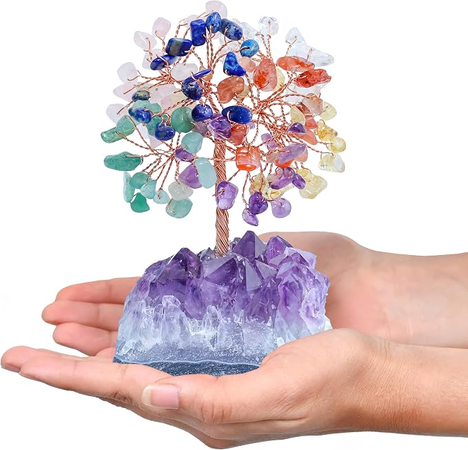 Crocon® 7 Chakra Crystals Tree of Life with Amethyst Cluster Base, Gift for Women Men Birthday Gifts MoM, Money Tree Feng Shui Good Luck Healing Crystals Home Decor Crystals and Healing Stones