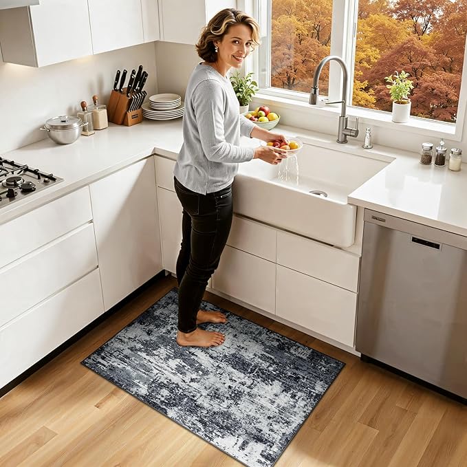 RELEANY Washable Area Rugs 2'x3' Non-Slip Modern Abstract Soft for Living Room Entryway Bedroom Kitchen, Print Pattern, Black Navy Blue Gray