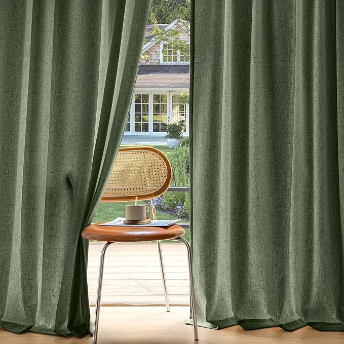MIULEE Non-See-Through Privacy Linen Curtains 52Wx108L Inch Dark Green | 2 Panels, Light Filtering, Semi Sheer Window Curtains, Farmhouse Textured, Back Tab Drapes for Bedroom Living Room
