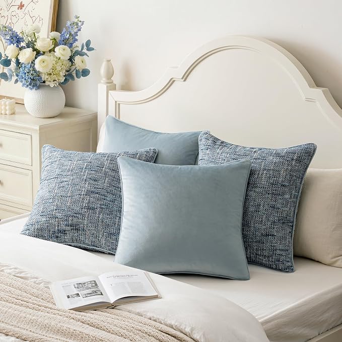a moment Light Blue 4 Pack Throw Pillow Covers - Chenille & Velvet Set with Piping, Farmhouse Textured Design Pillow Cases for Couch Sofa Bed Livingroom (20x20 Inch, No Insert)