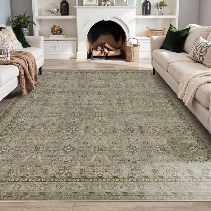 Rugxara 8x10 Area Rugs for Living Room Large Washable Rug, Olive Brown | Non Slip, Rug for Dining Room Bedroom Office Kids Room, Stain Resistant, Soft, Low Pile, Vintage Boho Retro Carpet,Home Decor