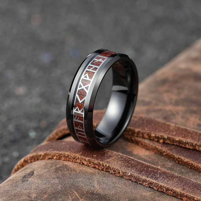 King Will Tungsten Carbide Wedding Band for Men - 8mm Black/Silver/Gold Plated with Norse Viking Rune & Hawaii Koa Wood Inlay Mens Ring, Polished Beveled Edge for Daily Wear, Comfort Fit Size 7-14