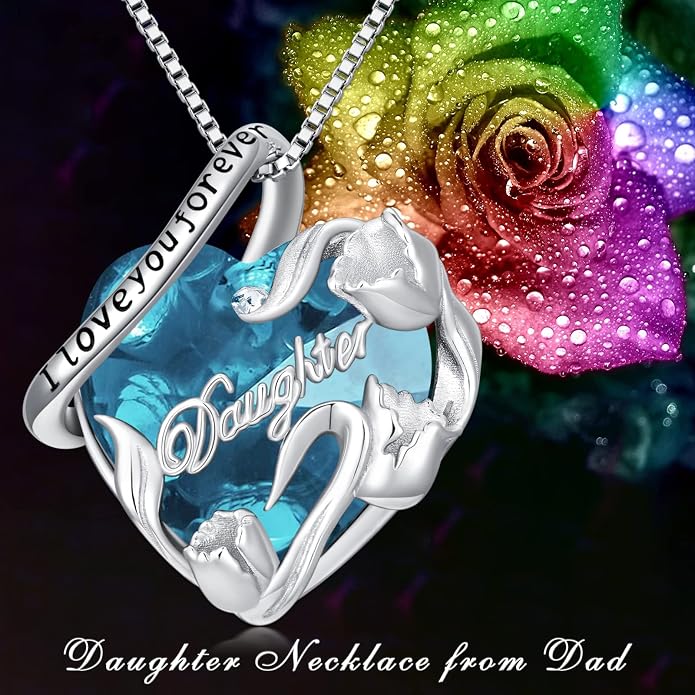 PROESS S925 Sterling Silver Daughter Heart Pendant Necklace from Dad Mom I Love You Forever Jewelry