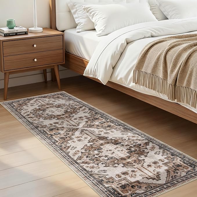 Joydeco Washable 2x5 Hallway Runner Rug Vintage, Blue Grey&Light Coffee | Water Resistant Low Pile Non Slip Backing for Kitchen Entryway Bedroom Bathroom Dining Room