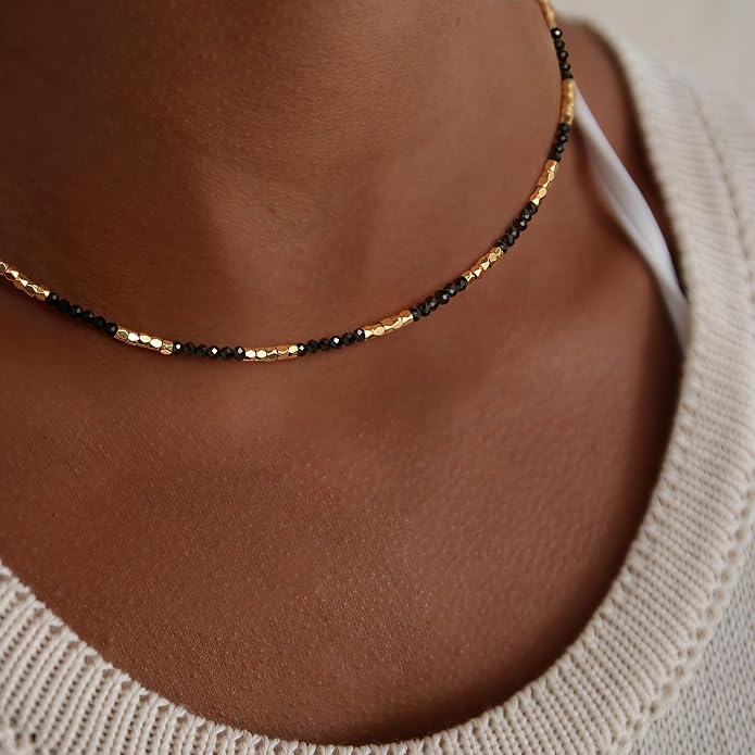 MYEARS Women Beaded Choker Necklace Gemstone 14K Gold Plated Simple Dainty Handmade Chain Everyday Trendy Jewelry