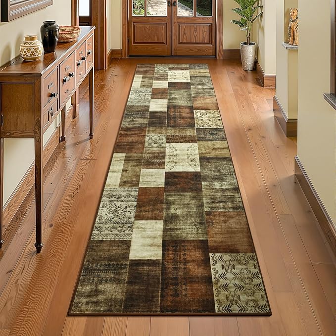 DweIke Runner Rug for for Hallways, 2'x6' Washable Kitchen Rugs with Non Slip Rubber Backing, Soft Low Pile Non-Shedding Geometric Carpet for Laundry Bedroom Bathroom, Brown