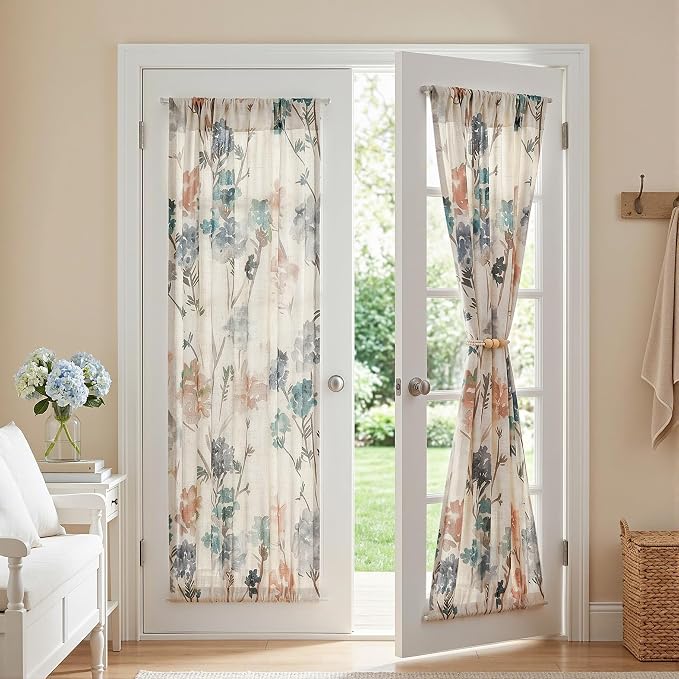 MYSKY HOME Floral Linen French Door Curtains 72 inch Long 2 Panels for Front Door Light Filtering Privacy Semi Sheer Window Curtains with Rod Pocket, Brown, 24" W Each Panel