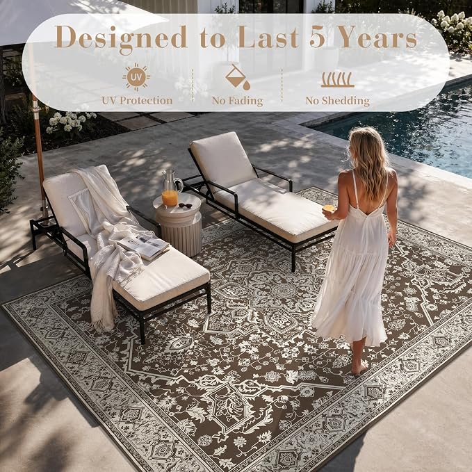 AMOAMI-Outdoor Rug-Patio Rug 5x8 ft Quick Dry Flatweave Textured Machine Washable Outdoor Carpet with Rubber Particles Backing Vintage Outdoor Area Rug for Patio Deck Front Porch Balcony Brown