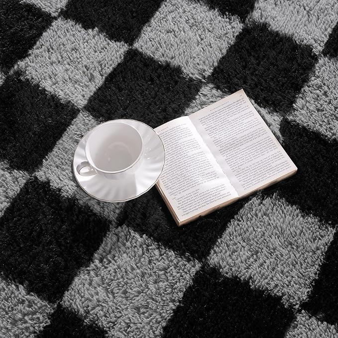 Pionblank 8x10 Area Rugs for Living Room, Fluffy Plush Checkered Rug for Bedroom, Modern Shag Non Slip Soft Furry Large Carpet for Kids Room Nursery Home Decor, Black and Grey