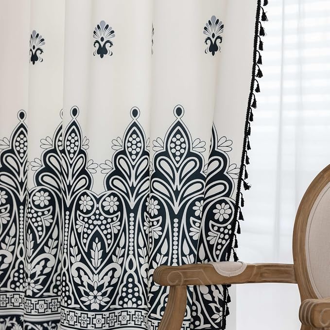 Black Damask Curtains 54 Inches Long, Boho Farmhouse Light Filtering Rod Pocket Drapes with Tassel Trim for Bedroom Living Room, 2 Panels