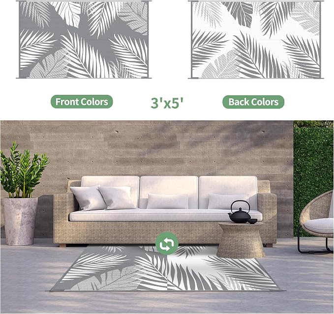 GENIMO Outdoor Rug 3'x5' Waterproof for Porch, Plastic Door Mat Grey White | Outside Leaf Carpet for Patio Decor, Balcony, Deck, Backyard, Picnic, Camping, RV, Reversible, Foldable, Lightweight