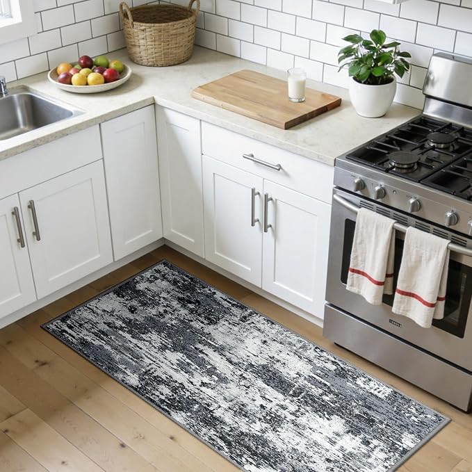 RELEANY Washable Area Rugs 2'x5' Non-Slip Modern Abstract Soft for Living Room Entryway Bedroom Kitchen, Print Pattern, Black Navy Blue Gray