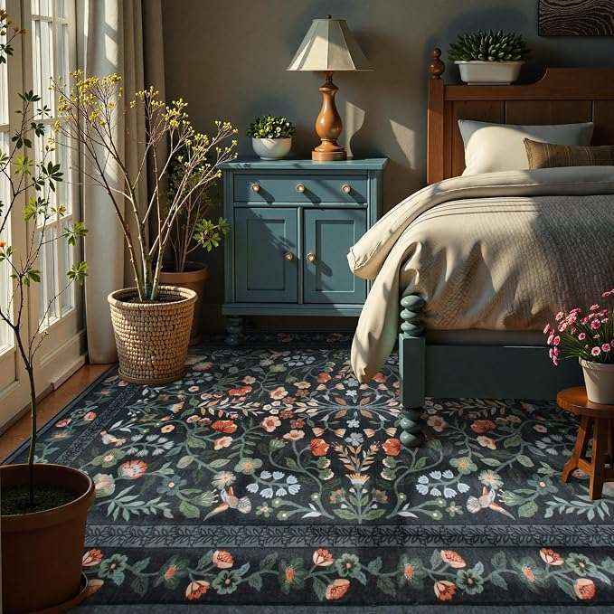 Lahome Black Floral Washable Rug 5x7, Vintage Non Slip Stain Resistant Carpet for Bedroom Kitchen Entryway, Low-Pile Soft Boho Rug for Living Room Office, Machine Washable Home Decor, Black
