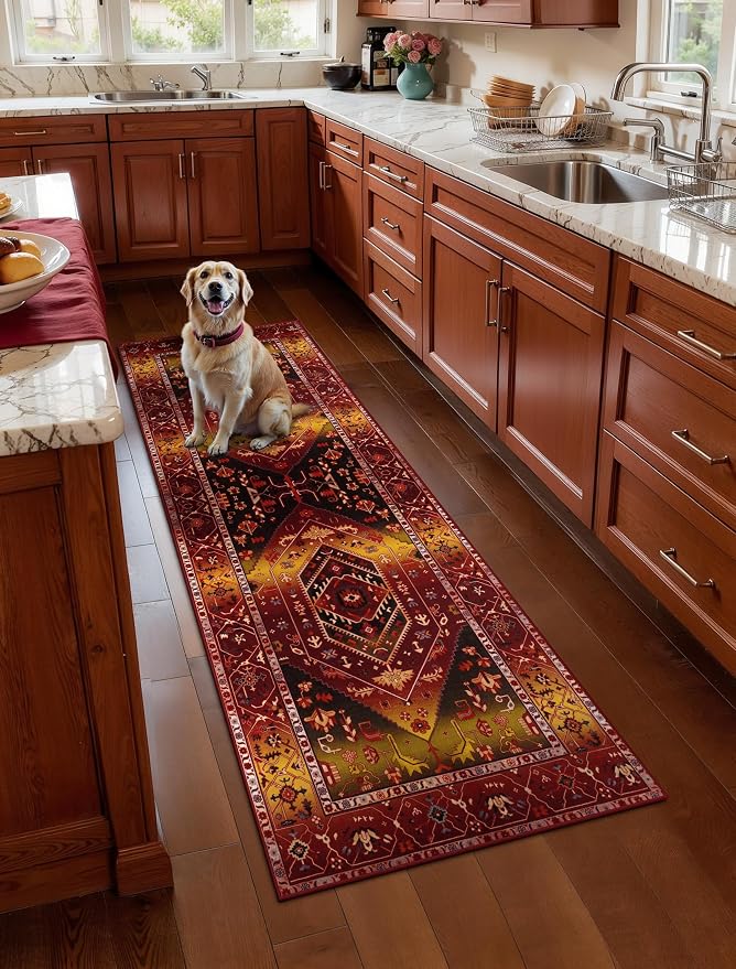 SERISSA Boho Washable Runner Rug, 2x5 Rug Runner Non-Slip Vintage Rustic Red Gold Hallway Kitchen Runner Rug Ultra Soft Print Distressed Floor Carpet Runner for Bedroom Bathroom Laundry Living Room