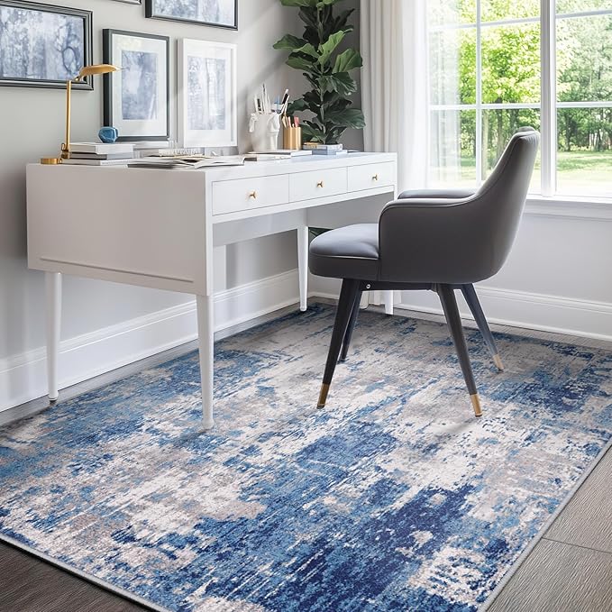 RELEANY Washable Area Rugs 5'x8' Non-Slip Modern Abstract Soft for Living Room Entryway Bedroom Kitchen, Print Pattern, Blue Grey Navy Gray