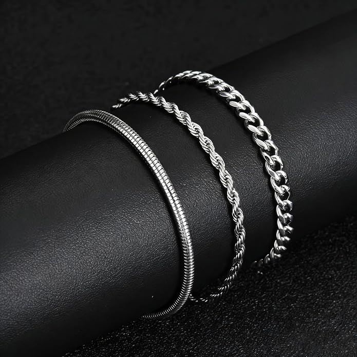 Mens Bracelet - Dainty Gold/Silver Chain Bracelet Stack 14K Gold Plated Silver Bracelets for Men Stainless Steel Adjustable Cross Charm Cuban Link Bracelet Snake Jewelry Set to Men Dad Birthday Day