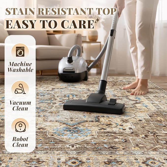 Area Rug 9x12 Vintage Rug: Large Washable Indoor Medallion Rugs Low Pile Distressed Floor Carpet Retro Accent Rug for Living Room Bedroom Kitchen Dining Table Home Office(Brown/Blue, 9'x12')