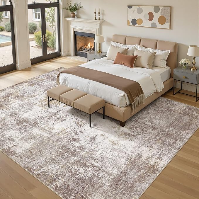 10x14 Area Rugs for Living Room, 10x14 Rug Washable High-Low Pile | Neutral Modern Abstract Carpet, Non Slip Lightweight Soft Made for Dining Room, Home Office Indoor Decor - Gold Brown