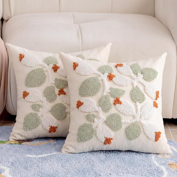 Summer Botanical Throw Pillow Covers 18x18 Inch Set of 2, Chenille Embroidered Pillowcase with 3D Tufted White Floral Vine Sage Green Leaves, Boho Decorative Cushion Covers for Couch Sofa Bed